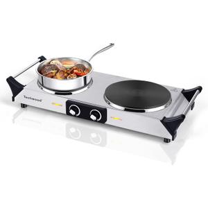 Hot Plate, Techwood 1800W Portable Electric Stove for Cooking Countertop Dual Burners with Adjustable Temperature & Handles, 7.5 Cooktop for Home/RV/Camp, Compatible for All Cookwares, Silver