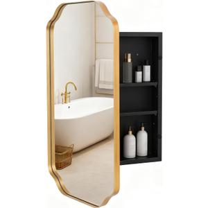Gold Metal Medicine Cabinet French Design,Bathroom Mirror with Storage, Recessed or Surface Mounted, 2 Adjustable Metal Shelves (Brushed Gold, 16x24)