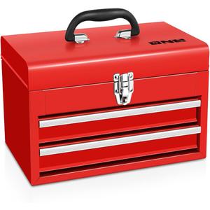 DNA MOTORING 14 Inch Steel Portable Tool Box - 2 Drawer+Top Storage Toolbox with Lockable Metal Latches for Household Workshop Repair Shop, Red, TOOLS-00406