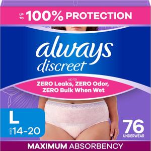 Always Discreet Adult Diapers for Women, Incontinence Underwear, Postpartum Essentials, Disposable Briefs, Max Absorbency, Bladder Leak Protection, Large, 76ct