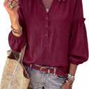 Womens V Neck Button Down Tops Puff Long Sleeve Tunic Blouse Dressy Loose Fit Basic T Shirt Business Casual Work Tops (Red, M)
