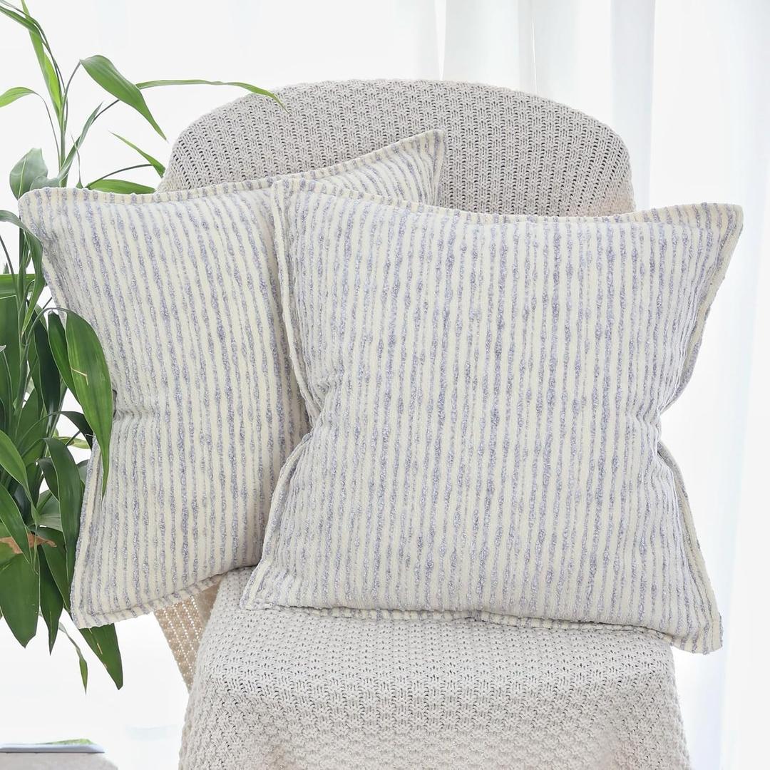 OYIMUA Blue and White 20x20 Decorative Throw Pillow Covers Chenille Set of 2 Square Accent Pillows for Couch Living Room Bed Cozy Farmhouse Neutral Cushion Covers