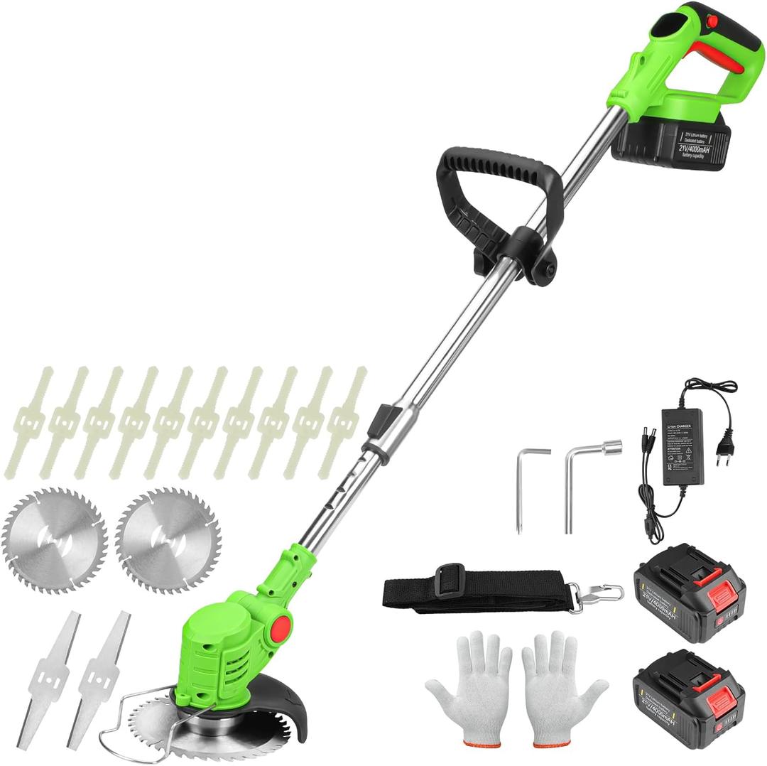Electric Weed Wacker Cordless, 4-in-1 Cordless Weed Wacker, Battery Powered Weed Eater String, 21V Electric Weed Eater, for Lawn, Bush Trimming(with 2 x 4.0Ah Batteries and Fast Charger Included)