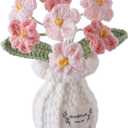 Handmade Crochet Flowers, 5 Inches Small Potted Plants, Knitted Desk Decorations for Home Office Decor (Forget-Me-Not)