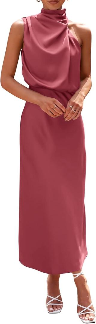 PRETTYGARDEN Women's 2025 Summer Satin Dress Elegant Sleeveless Mock Neck Cocktail Party Maxi Dresses (Large, Brick Red)