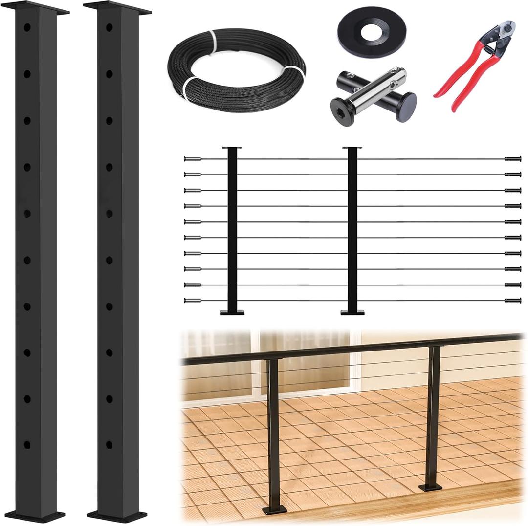 Muzata 5-10FT Modular Black Cable Railing Kit 36 Inch 2 Level Post Kit Complete Set Cable Railing System for Decks Length Adjustable Easy DIY with Paper User Guide (No Handrail) RWS2 BH4S