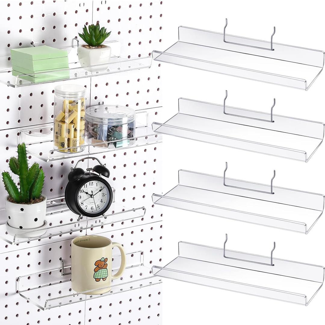Lounsweer 4 Set Pegboard Shelf Acrylic with Metal Hooks Organizer Accessories Storage for Pegboard Display Wall Craft Room Home Garage Nursery Kitchen(Clear,12 x 4 Inch)