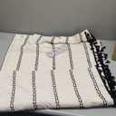 Linen Boho Shower Curtain Off White Fabric with Black Embroidery Woven and Tassel, 72" L X 48" W