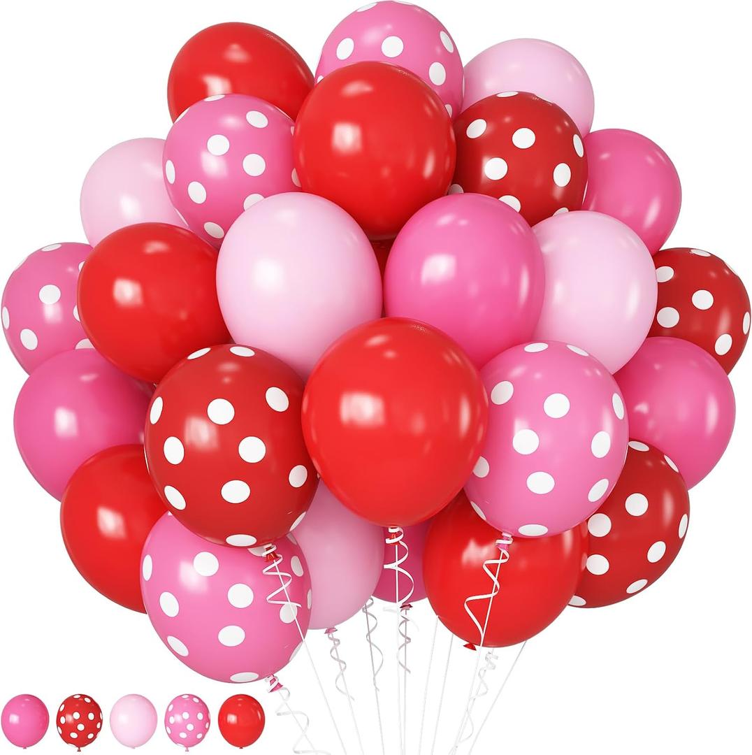HILAVO Red and Pink Balloons Strawberry Hot Pastel Light Pink Rose Red Latex Balloons Polka Dot Party Helium Balloon for Sweet Girl Berry Baby Shower Birthday Valentines Day Summer Party Decorations, 12 Inch - 35Pcs