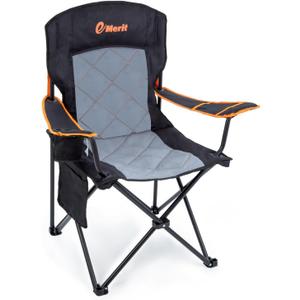 EMERIT Oversized Padded Camping Chair, 350LB Heavy Duty Quad Fold Chair with Arms, Collapsible Outdoor Chairs with Lumbar Back & Cup Holder