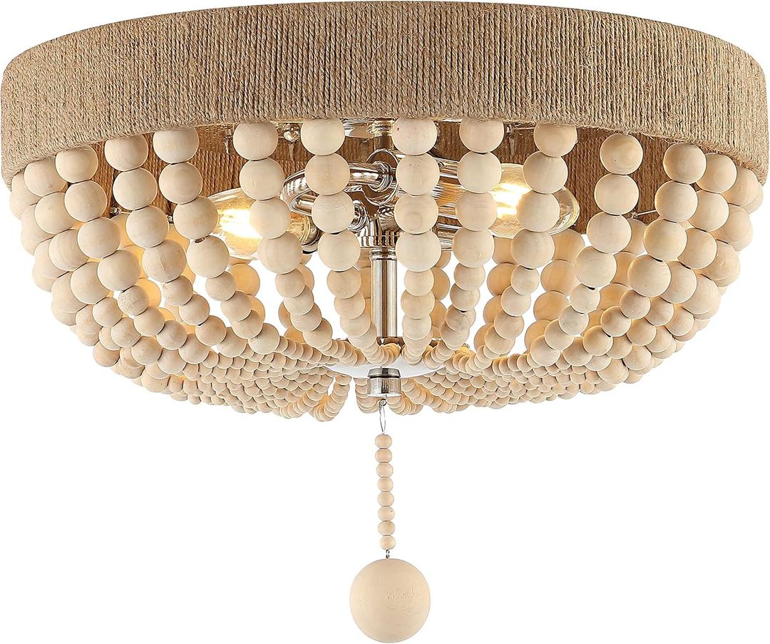 JONATHAN Y 14" Light Taupe and Polished Nickel 2-Light Wood Bead Iron Flush Mount, Farmhouse Bohemian Ceiling Light for Bedroom Hallway, UL Listed, LED Bulbs Included JYL1307A, 14.0 in