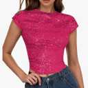 WDIRARA Women's Sequin Boat Neck Shirts Sparkle Glitter Backless Tee Cap Sleeve Crop Tops M