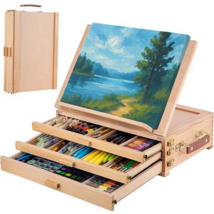Falling in Art Table Easel with Sketch Box Storage, Portable Beechwood Desktop Art Easel with 3 Drawers, Adjustable Tabletop Painting Stand for Teens and Adults