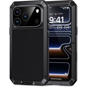 Lanhiem for iPhone 17 Pro Metal Case, Built-in Glass Screen Protector, Heavy Duty Shockproof Case [Military-Grade Full Protective] Tough Rugged Phone Cover for iPhone 17 Pro 6.3", Black
