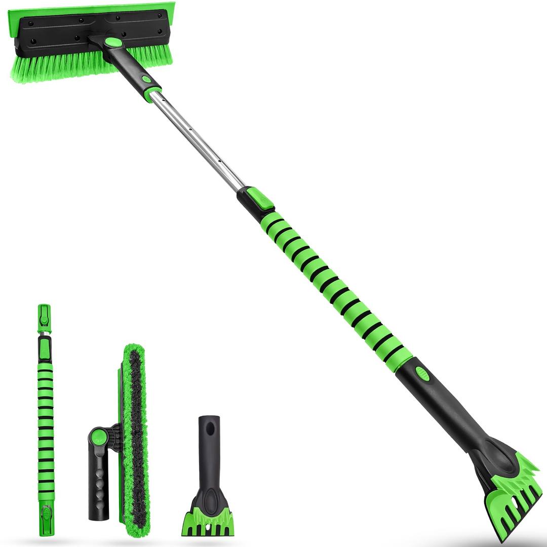 SEAAES 51 Inch Heavy Duty Snow Brush for Trucks, Stable Design Long Handle Extendable Snow Broom for SUV, Windshield Ice Scraper with Foam Grip for Car Automobile Vehicle Window - Green
