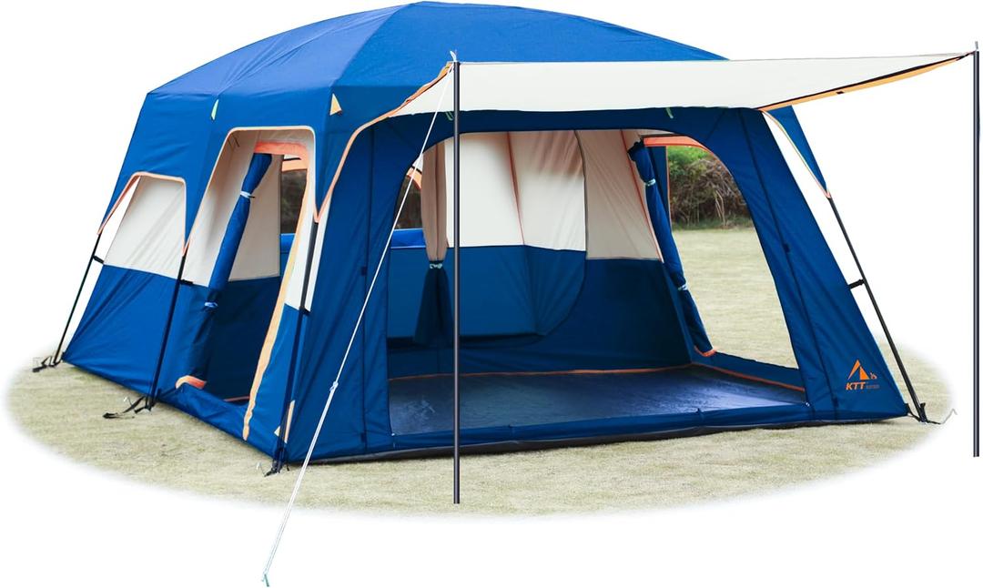 KTT Extra Large Tent 12 Person(B),Family Cabin Tents,2 Rooms,3 Doors and 3 Windows with Mesh,Straight Wall,Waterproof,Double Layer,Big Tent for Outdoor,Picnic,Camping,Family Gathering