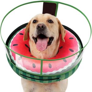 Inflatable Dog Cone, Watermelon Donut Collar After Surgery, Donut Cone with Detachable Anti-Licking Shield, Soft Recovery Collar for Large Medium Pets Does Not Block View, L