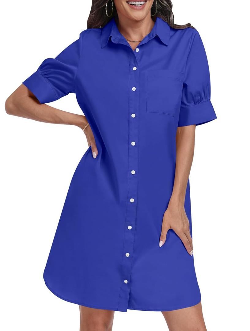 ANRABESS Womens Button Down Shirt Dress Summer Short Sleeve Business Casual Shift Dresses with Pockets 2025 Trendy, Royal Blue, XL