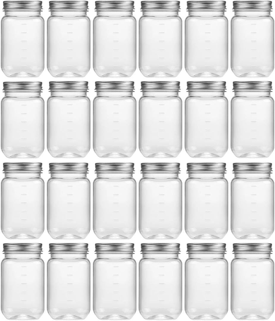 novelinks 16 oz Clear Plastic Jars with Lids, Refillable 16oz Mason Jars with Lids & Storage Containers for Kitchen & Household Use (24 Pack,Silver)