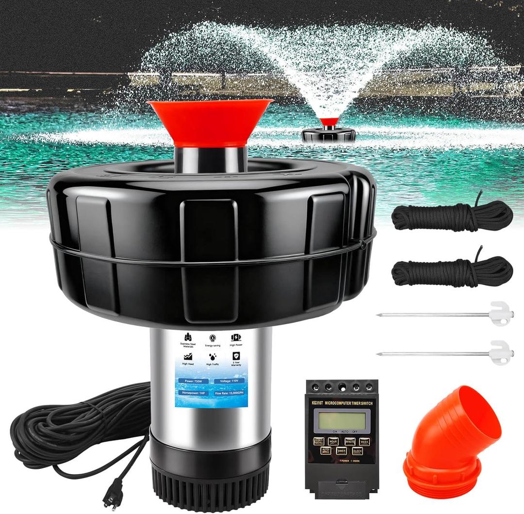 RAMATA Pond Fountain Aerator 1HP 750W 110V/15000 GPH Floating Fountain Pump, 120FT Power Cord, Multifunctional time Controller, Stainless Steel Body, Aerator Pump for Large Ponds and Lakes