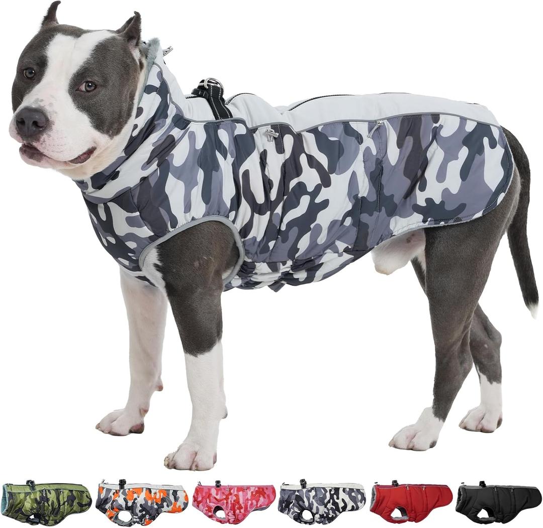 Dog Coat Winter Warm Dog Jackets for Large Dogs Reflective Snowsuit with Harness Fleece Dogs Snow Jacket Waterproof Pet Clothes for Cold Weather (Grey-Camouflage) 4XL