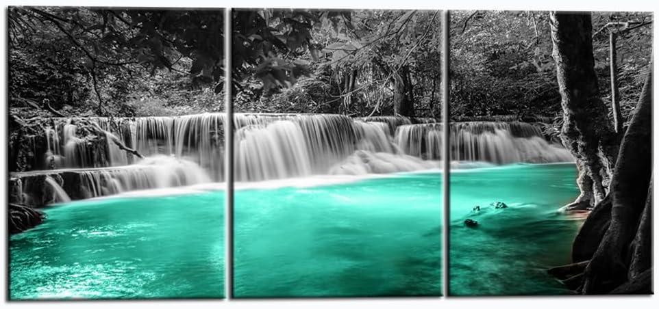 Nachic Wall Black and White Teal Waterfall Wall Art for Living Room Decor Framed Landscape Canvas Prints Painting Trees Forest Picture Artwork for Kitchen Office Home Wall Decor 12"x16" 3pcs
