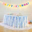 PARTISKY Blue Tulle Tutu Table Skirt for Rectangle Tables or Round Table,Led Light String Table Cloth for Boys Girls Baby Shower Baby Shark Themed Party Dessert/Cake Tables