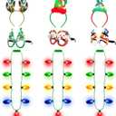 9PCS Christmas Party Favors, Light Up Christmas Necklace Headband Glasses Set, Xmas Bulb Necklace Antler Tree Lights Holiday Headbands LED Flashing Glow Santa Eyeglasses Bulk for Christmas Gift