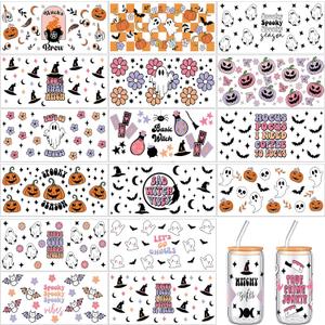 18 Sheets Halloween UV DTF Cup Wrap Transfer for Glass 16 oz Retro Halloween Cups Stickers Cute Ghost Pumpkin Witch Waterproof Rub on Transfers Bat Mug Sticker Decal for Cup Crafting DIY