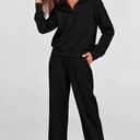 PRETTYGARDEN Women's 2 Piece Outfits Casual Lapel Half Zip Sweatshirts and Wide Leg Pants Tracksuit Sets (Black, L)