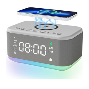 Alarm Clock Speaker Wireless Charger, Digital Alarm Clocks Bedrooms Bluetooth, Alarm Clock Dimmable Light Bedrooms Dual Alarm Snooze Dimmer 12 24H RGB Night Light Bluetooth USB AUX, Gray