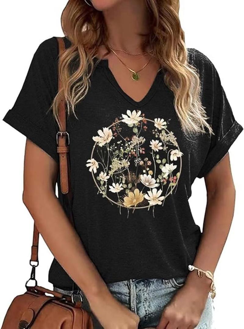 Boho Flowers V Neck Shirt for Womens Floral Wildflower Graphic Tee Short Sleeve Summer Casual Loose T Shirt Top (Black, L)