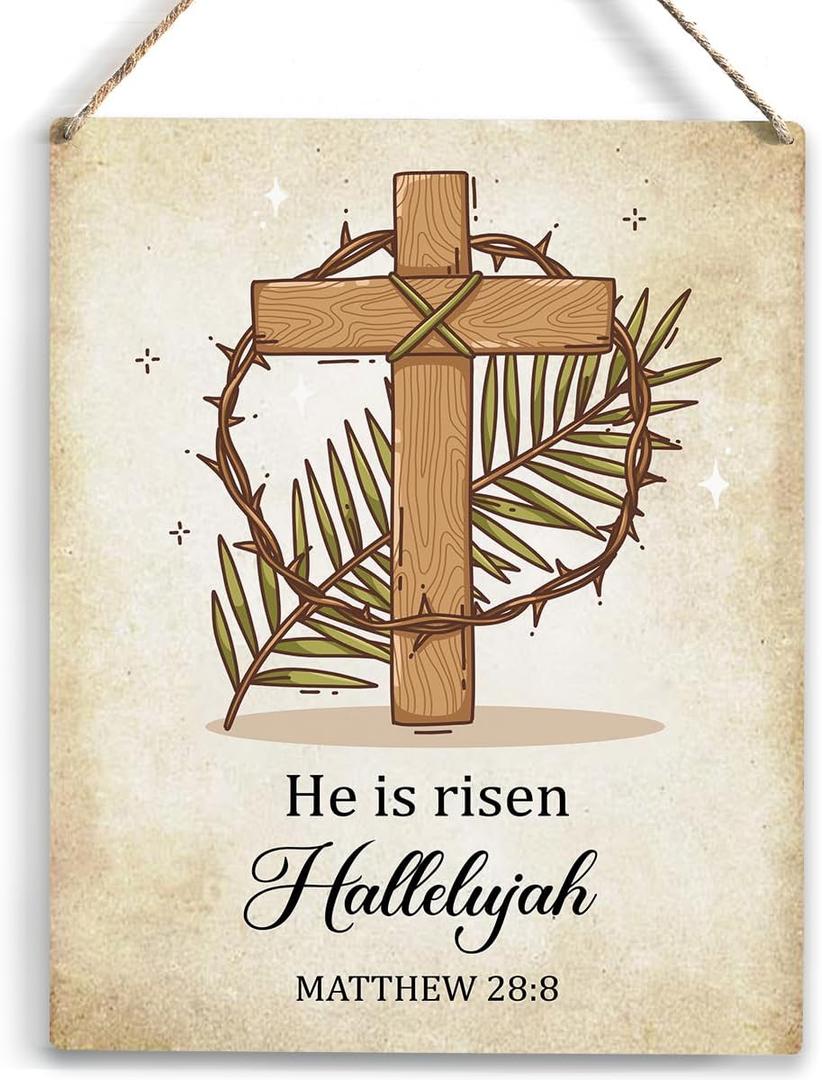 YCYD Christian Decor He is risen Hallelujah Matthew 28:8 Wood Sign, Cross Theme Decorative Sign, Wall Art Wooden Hanging Sign Decor, for Office Bedroom Living Room Home Decoration 10x8 Inch