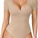 Avidlove Short Sleeve Bodysuit for Women Lace V Neck Body Suits Double Lined Bodysuits Sexy Going Out Top (Khaki, X)