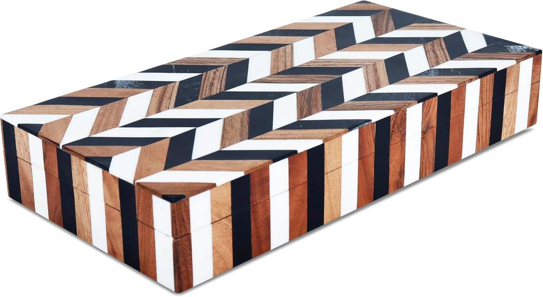 Handicrafts Home Large Decorative Storage Box with Lid Wooden Decorative Box Large Storage Box for Living Room, Mental Decor– Natural Wood Resin Inlay Marquet Cosmo Collection- 12x6x2