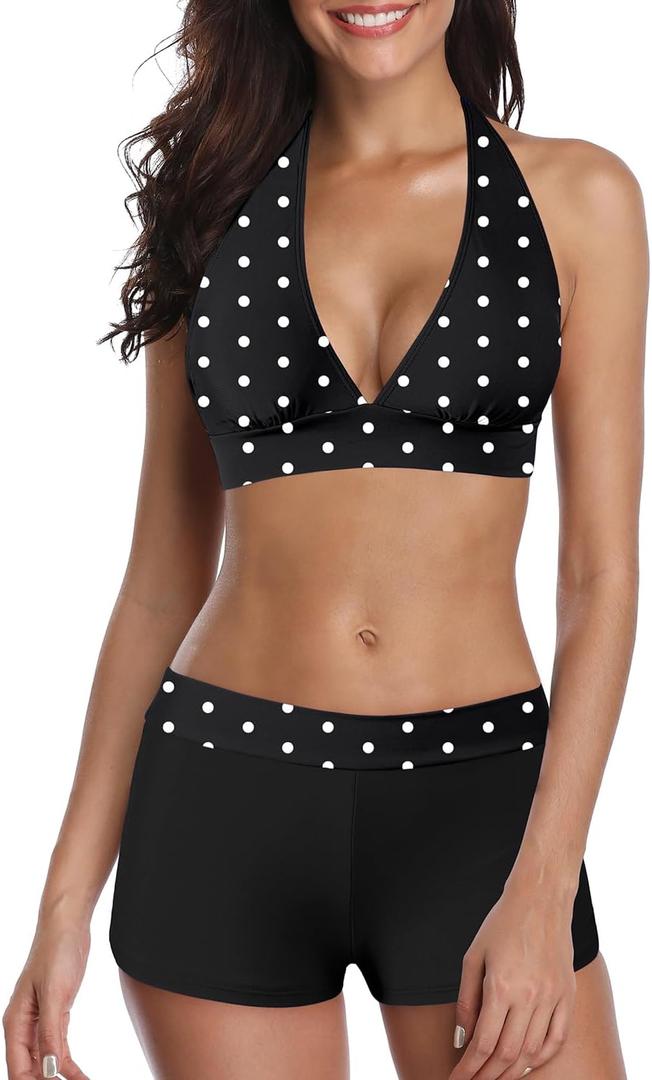 Century Star Women Two Piece Swimsuit with Boy Shorts - Modest Swimming Suits High Waisted Bathing Suits Bikini Set (Black, L)
