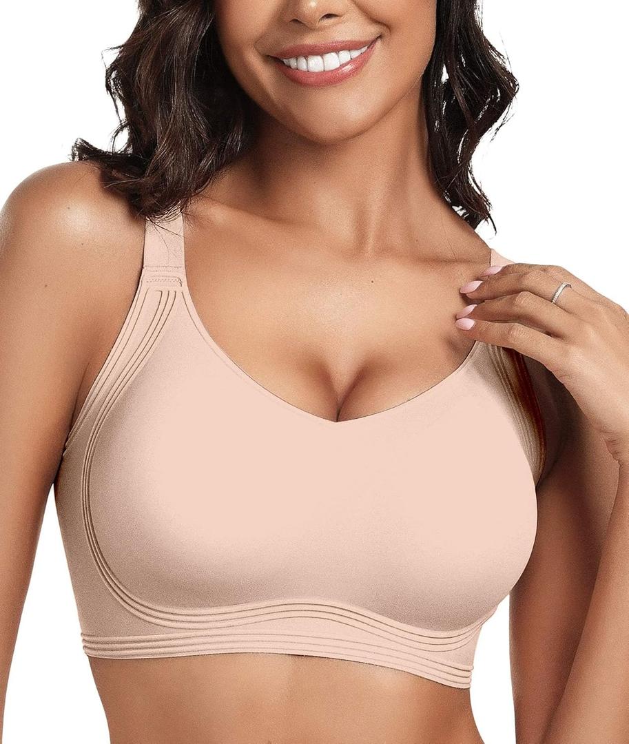 OEAK Womens Seamless Push Up Bras No Underwire Full Coverage Anti Sagging Comfortable Bras V Neck Bra Wireless Everyday Bra (Medium, Nude)