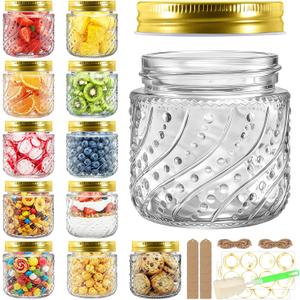 8oz Mason Jars with Gold Lids, 12 Pack with Wave and Dot Pattern, Stickers&Tags, Half Pint Glass Jars for Honey, Jam, Candies, Jelly, Spice, DIY Crafts & Wedding Favors
