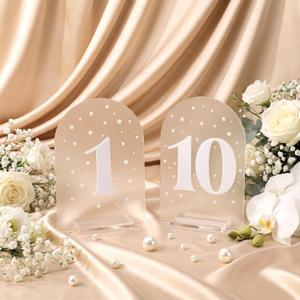 Willinglong Frosted Arch Table Numbers for Wedding Reception Table Numbers 1-10 Signs 5x7 with Pearl Stickers 3D Digital for Centerpiece Wedding Reception Decoration Party Anniversary Event