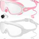 Rantizon Swim Goggles 2 Pack, Wide View Anti Fog&UV Swimming Goggles for Audlt, No Leaking Swim Glasses for Men Women Kids (Large for Adults, Transparent Pink & Transparent White)