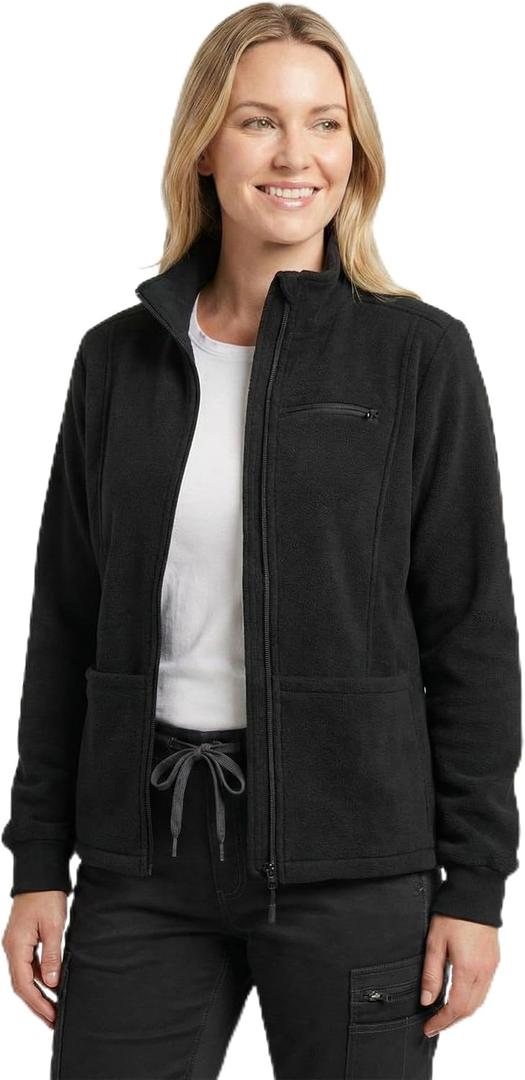 Nurse Women Fleece Scrub Jacket with 5 Pockets Zip Front Jacket Slim Fit Nursing Warm-up Fleece Medical Coat Stretch Fabric(Large)