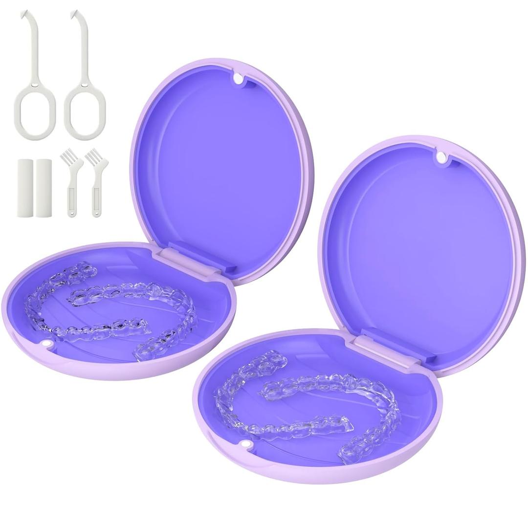 2 Pack Retainer Case, Compatible with Invisalign, Slim Aligner Case with Removal Tool, Aligner Seaters & Brush, Pocket Size Secure Magnetic Closure for Travel - Purple