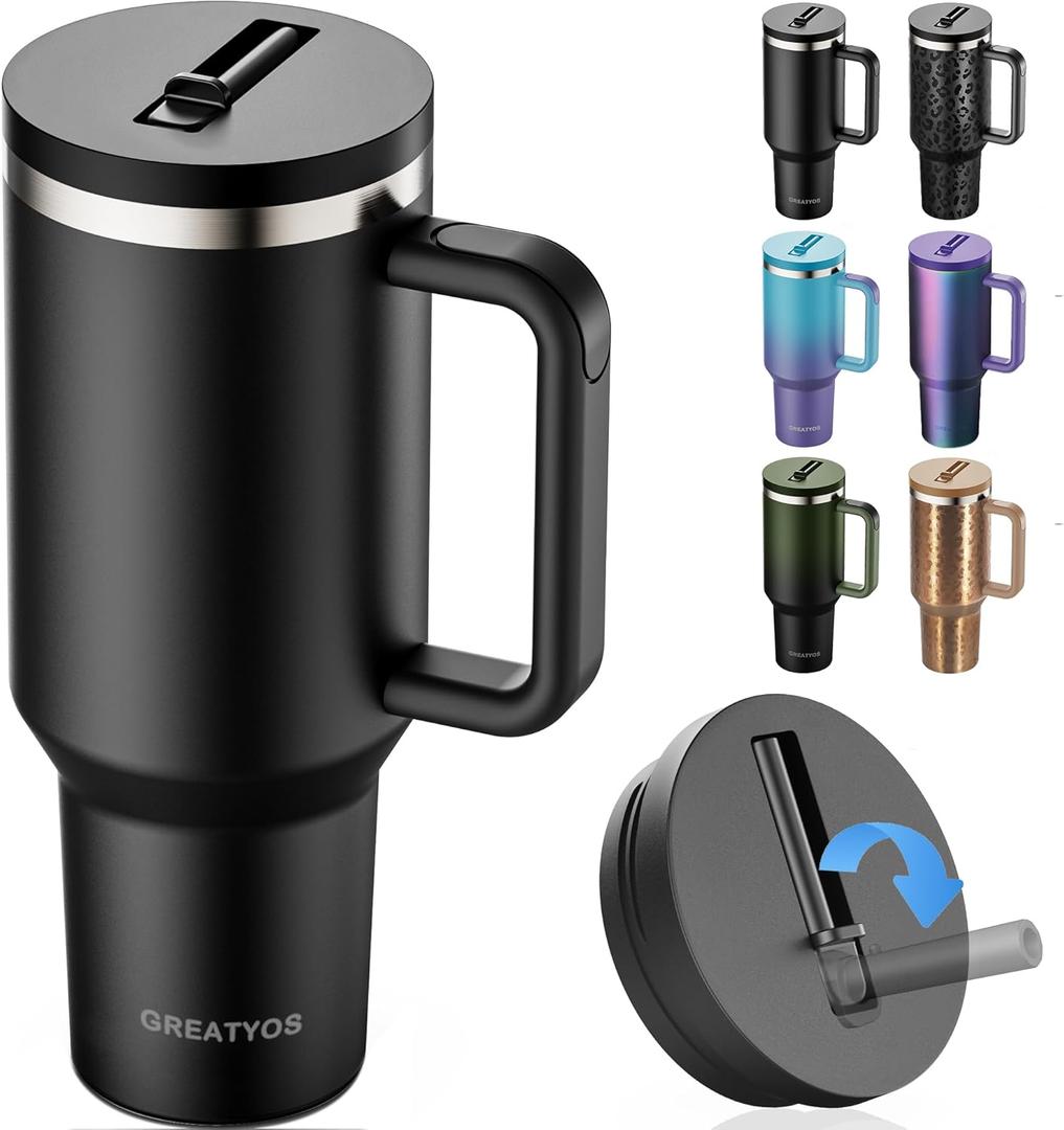 40 oz Tumbler with Handle and Flip Straw Lid - Upgraded Insulated Traveler Tumblers with Lids Straws Vacuum Leak Proof Stainless Steel 40oz Cup Mug Gifts for Men Women Him Her (Black)
