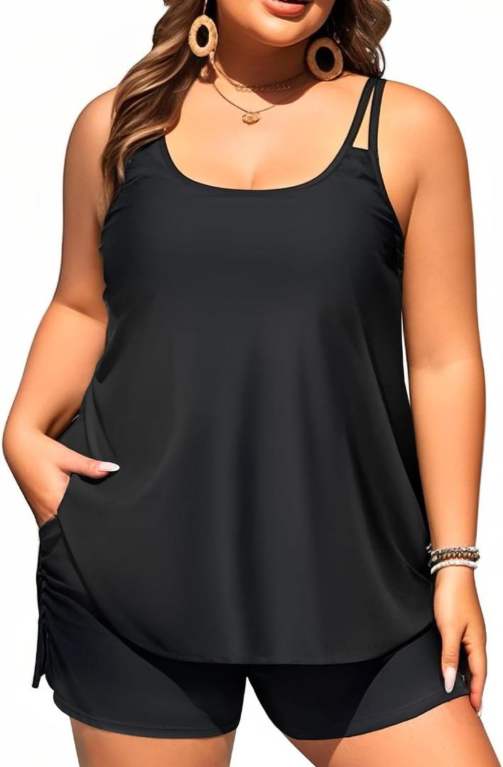 Tempt Me Plus Size Tankini Swimsuits - Women Two Piece Tankini Top with Shorts Flowy Swimsuit 2025 Bathing Suits (Black), Size: 18 Plus