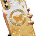 AIGOMARA Phone Case for iPhone 16 [Compatible with MagSafe] Butterfly Design Glitter Bling Case Shockproof Scratch-Resistant Soft TPU Cover for Women - Gold