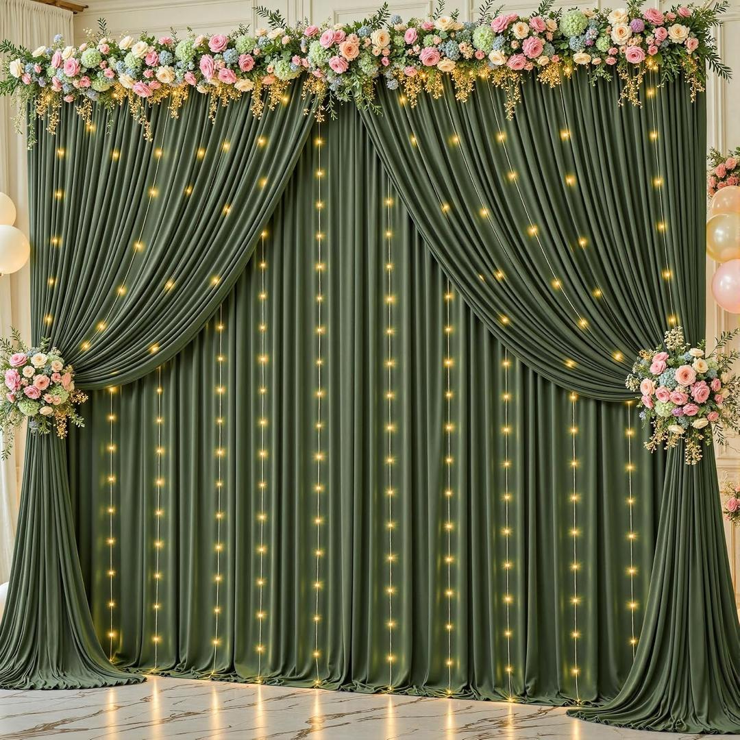 20 x 10ft Olive Green Backdrop Curtain with Light String | 5 x 10ft 4 panels,wrinkle free,polyester fabric,easy to hang,reusable for wedding,baby shower,birthday,DIY decor,photo