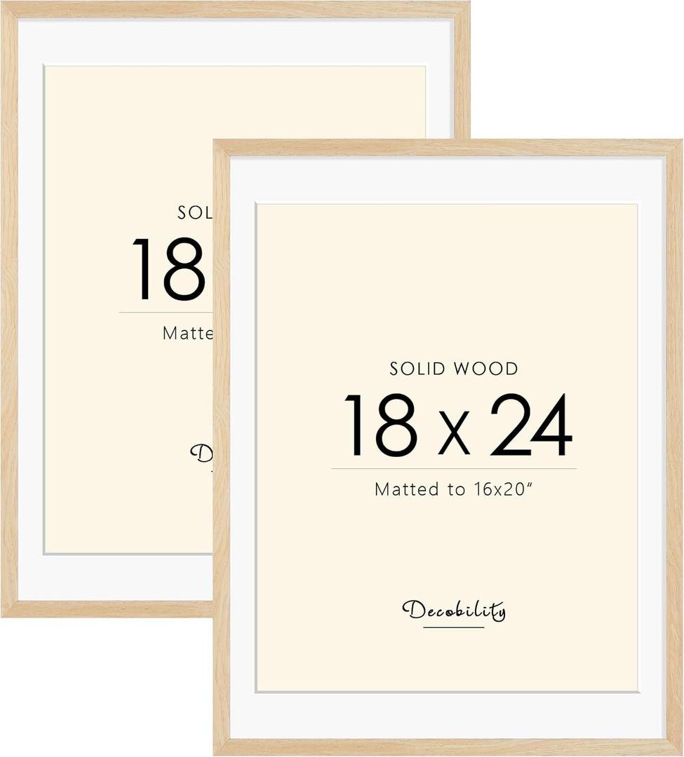 18x24 Solid Wood Poster Frame, Natural Wood Picture Frame with Paper Mat, Display picture 16x20 with mat or 18x24 without Mat, Set of 2 Oak Color Picture Frame