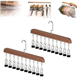 Closet Organizer with 10 Clips, 2PCS Space Saving Hanging Closet Organizer, Space-Saving Hat Scarf Clothespins for Jeans Skirts Socks Leggings Wooden Pant Hangers with Clips(Vintage)