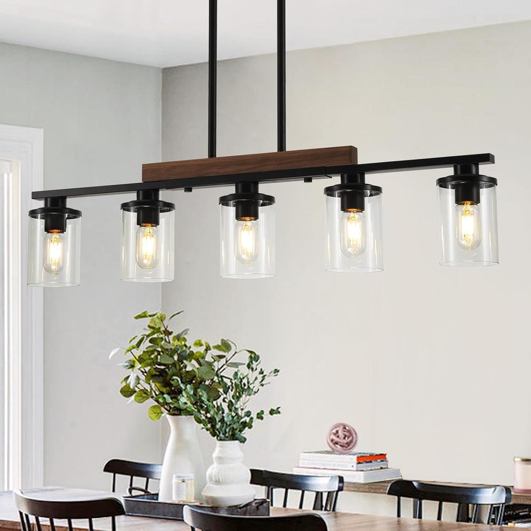 36.2 Kitchen Lighting, 5-Light Dining Room Light Fixture Chandelier Over Table, Black Modern Rustic Wood Ceiling Pendant Light Fixtures, with Clear Glass Shade, Farmhouse Chandelier