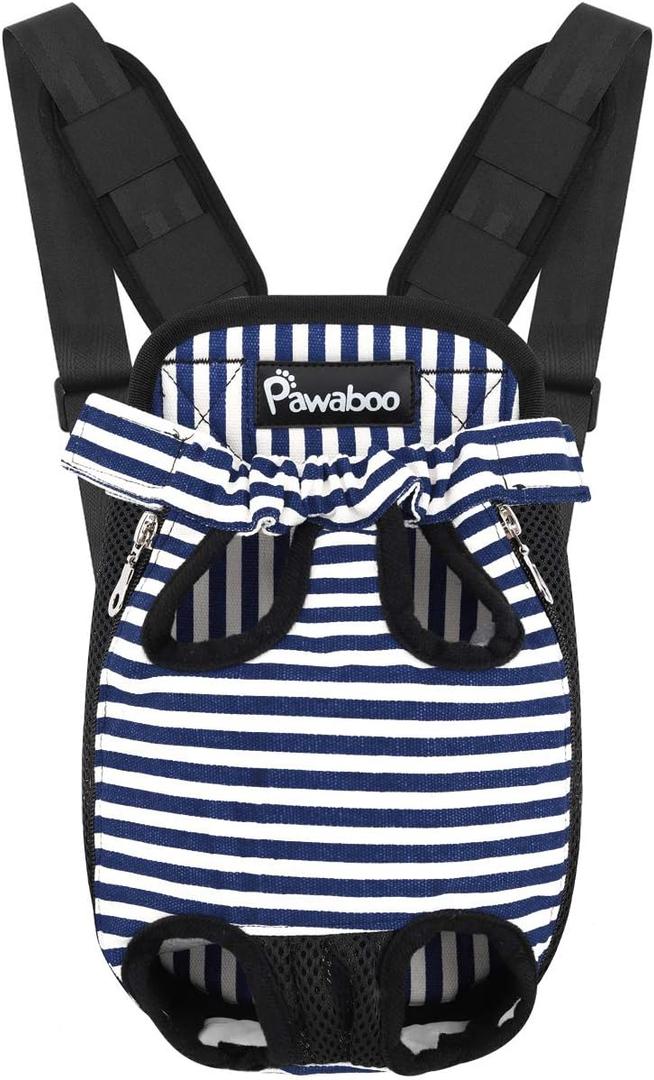 Pawaboo Pet Carrier Backpack, Adjustable Pet Front Cat Dog Carrier Backpack Travel Bag, Legs Out, Easy-Fit for Traveling Hiking Camping for  Dogs Cats Puppies, Small, Blue & White Stripes